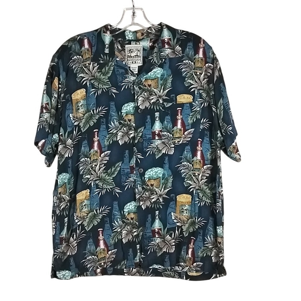 Steve & Barrys Hawaiian Shirt Beer Bottle Tropical Rayon Navy Blue Size M Aloha